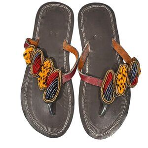 Handcrafted Womens Leather Sandals With Beaded Design Size 39 tribal print